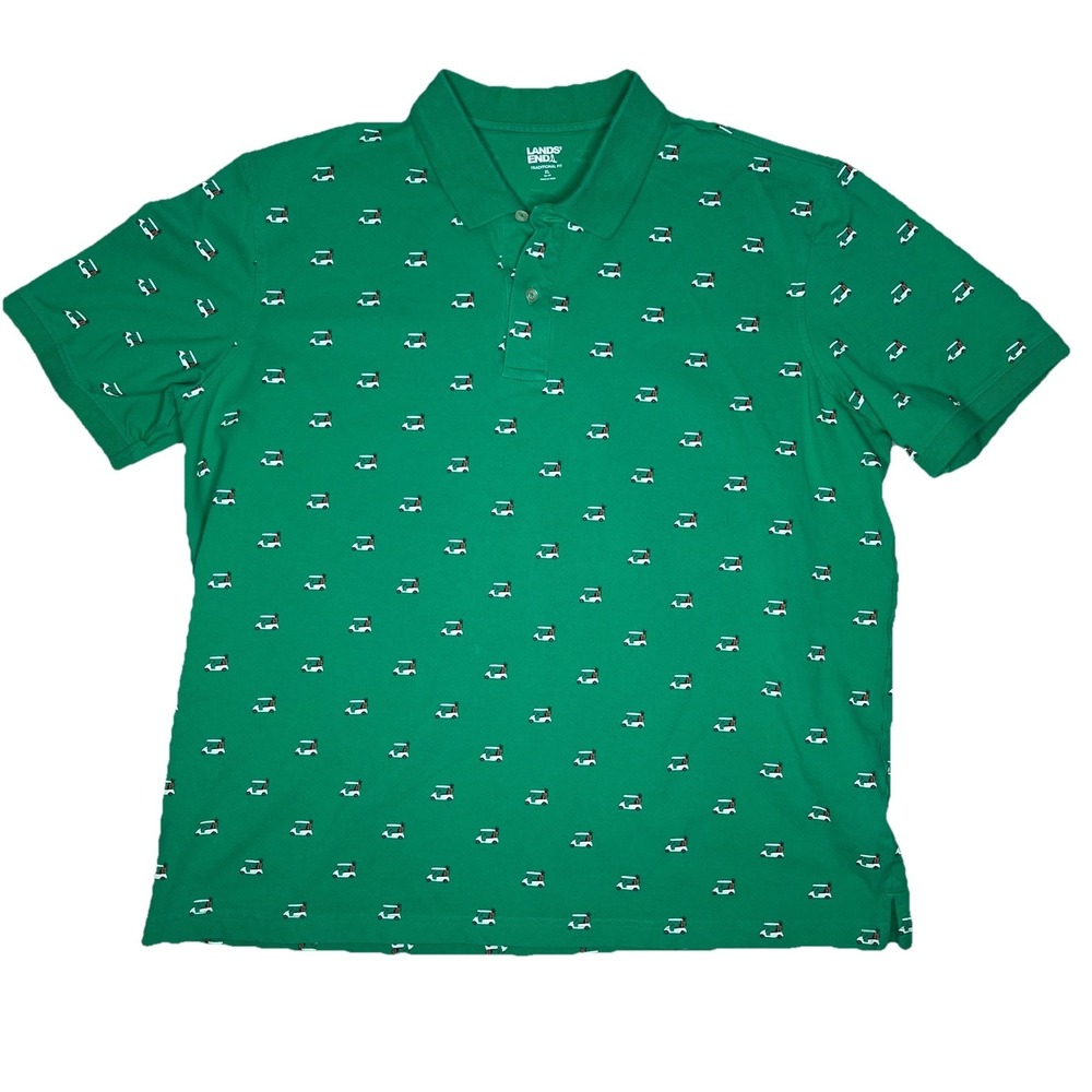 Lands End Polo Shirt Mens XL‎ Green Golf Cart Print Cotton Preppy Resort Club
